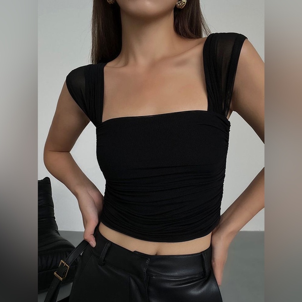 SHEIN Black Ruched Square Neck Crop Top